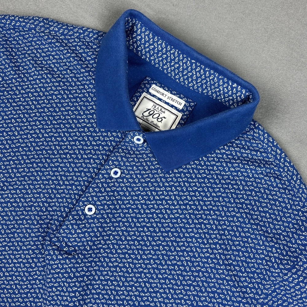 Jos A Bank 1905 Polo Shirt Size XL Tailored Fit Fish Print Cotton Blue/White